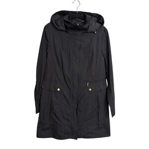 Cole Haan Rain Jacket Womens Medium Black Packable Hooded Gold Hardware